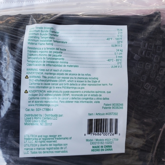 NEW Utilitech 8" Outdoor Cable Ties 1000ct 75lb strength 21S double sided - Picture 3 of 3